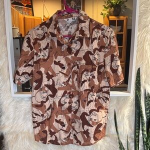 MRP SS Graphic Face Print Button Down Shirt Brown Tan